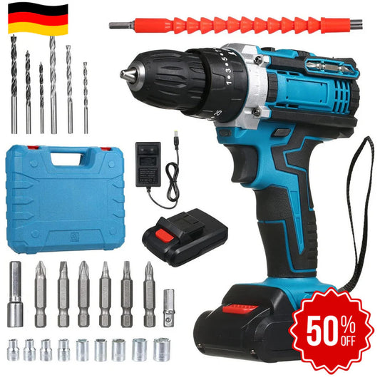 DrillMaster | Bormașină Electrică cu Impact și Baterie (Kit complet german)
